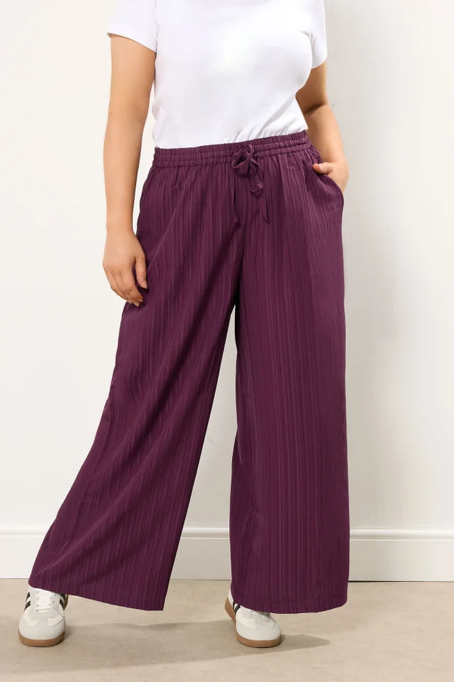 Yours Curve Wine Red Crinkle Wide Leg Trousers