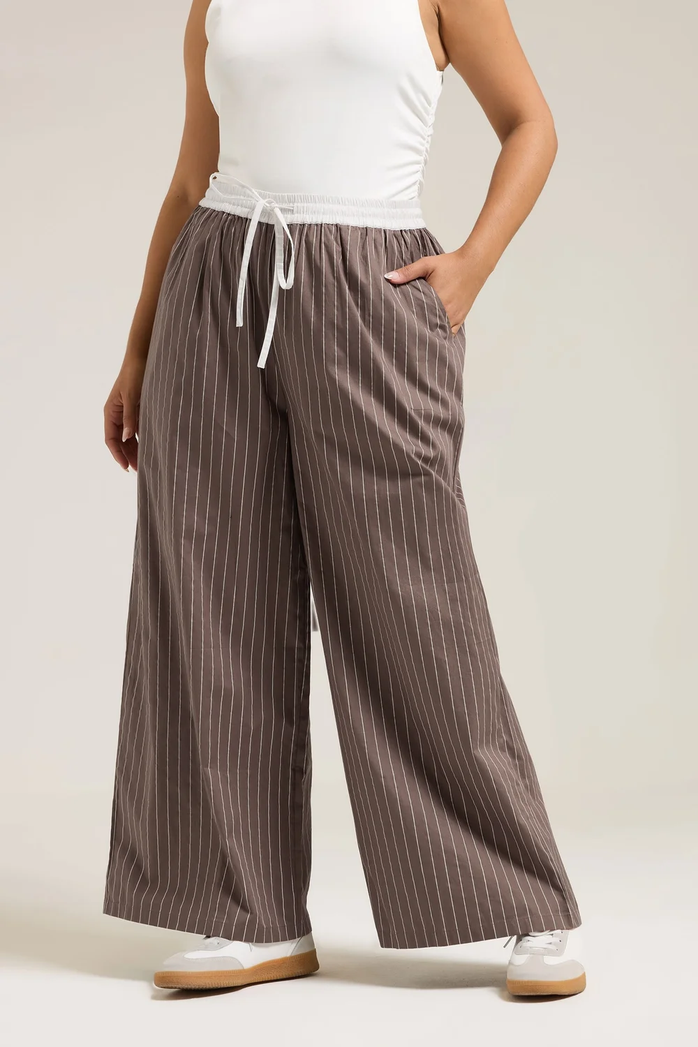 Yours Curve Brown Stripe Wide Leg Trousers - 22-24 Image 2