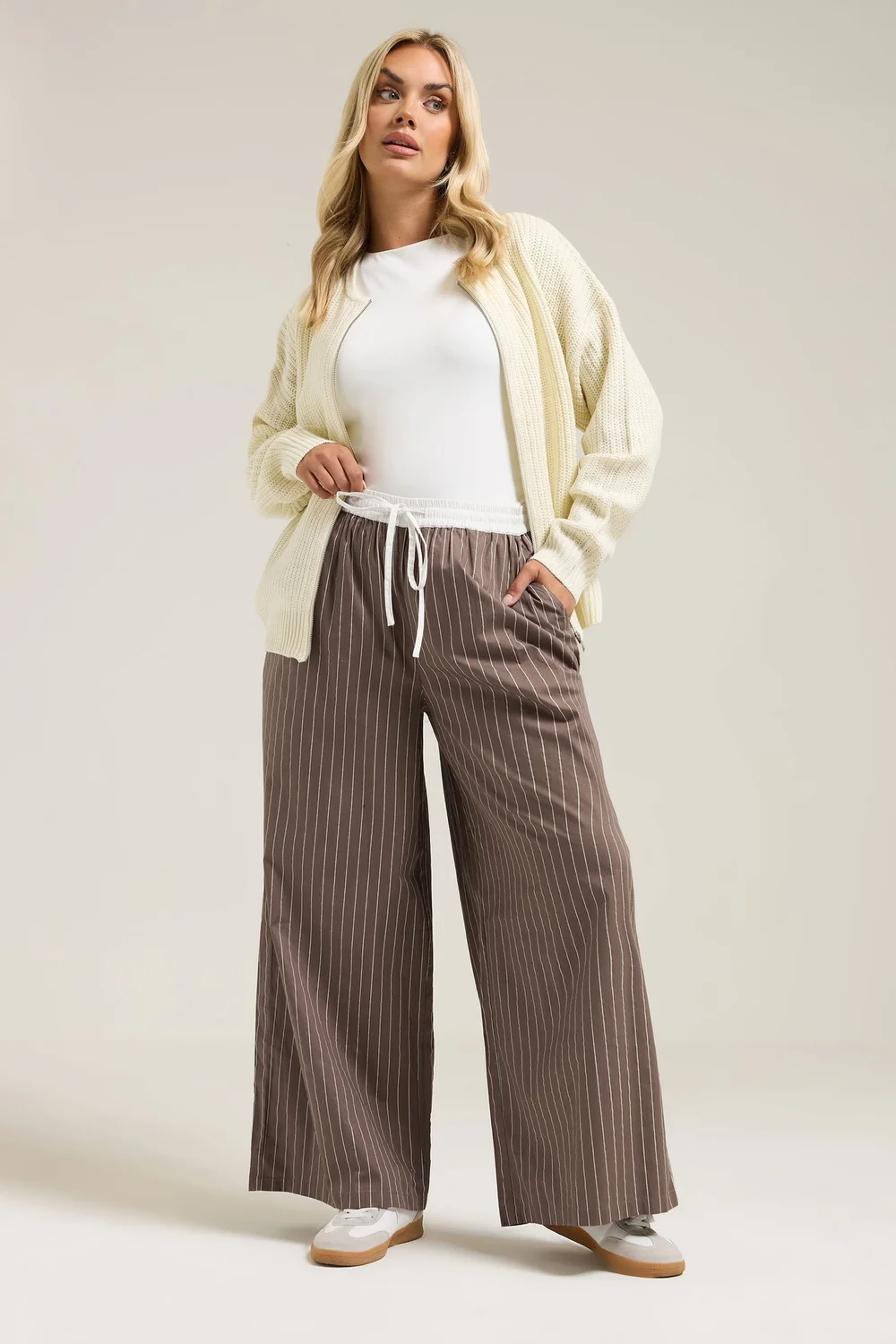 Yours Curve Brown Stripe Wide Leg Trousers - 22-24 Image 1