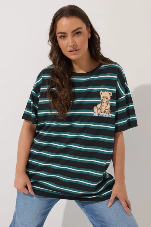Yours Curve Green Stripe Teddy Print T-Shirt - Size 14 Clothing Image 1