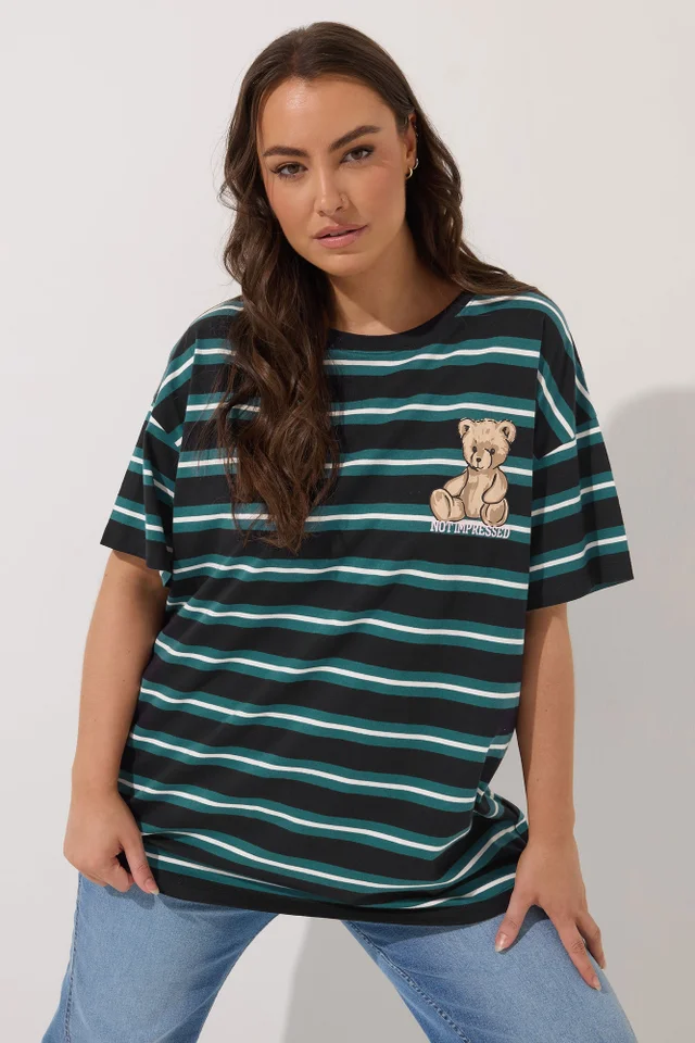 Yours Curve Green Stripe Teddy Print T-Shirt