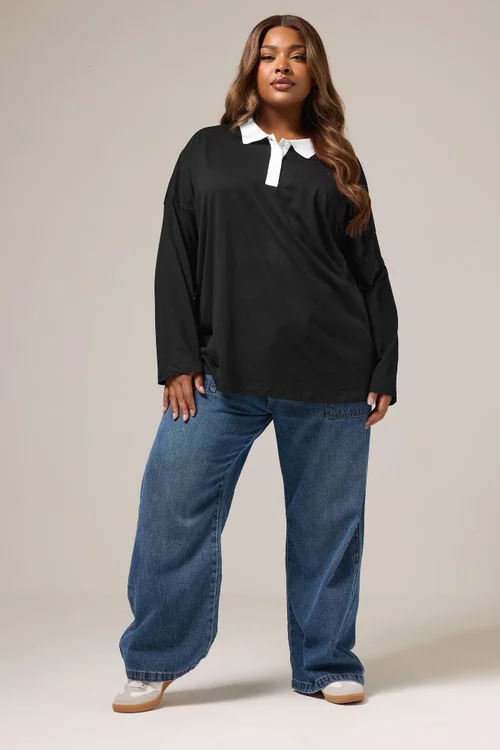 Yours Curve Black Rugby Collar Top - Size 30-32 Clothing Image 2