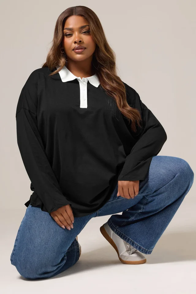 Yours Curve Black Rugby Collar Top