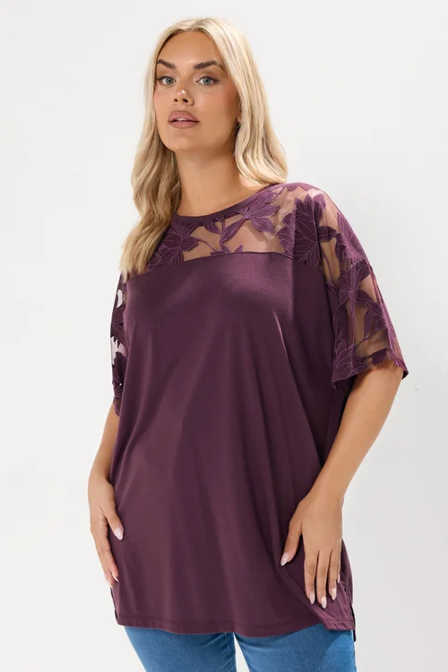 Yours Curve Purple Floral Burnout Boxy T-Shirt - Size 26-28 Clothing Image 1