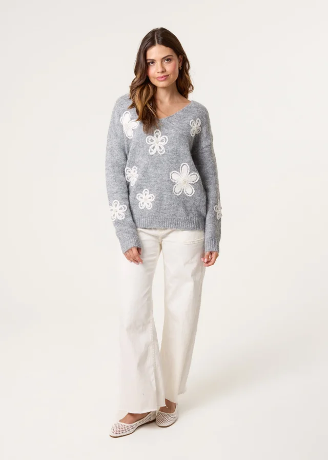 Blue Vanilla Grey V Neck Flower & Pearl Jumper