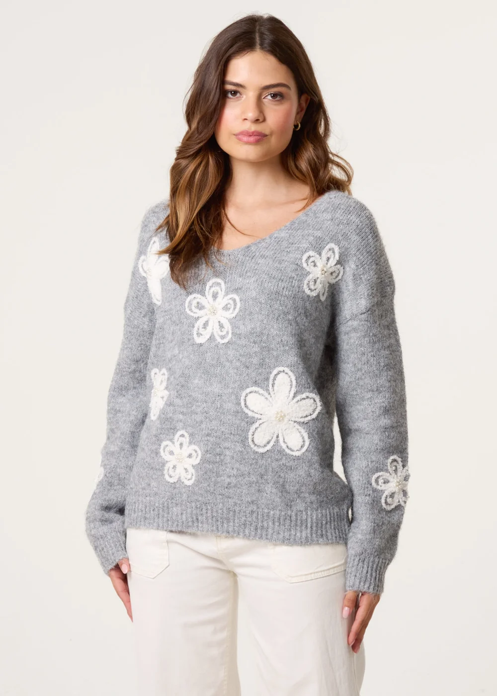 Blue Vanilla Grey V Neck Flower & Pearl Jumper - S/M Image 3