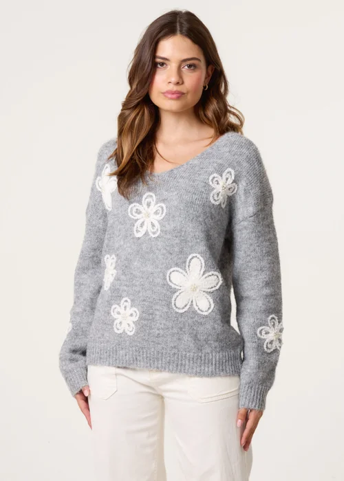 Blue Vanilla Grey V Neck Flower & Pearl Jumper - Medium/Large Image 3