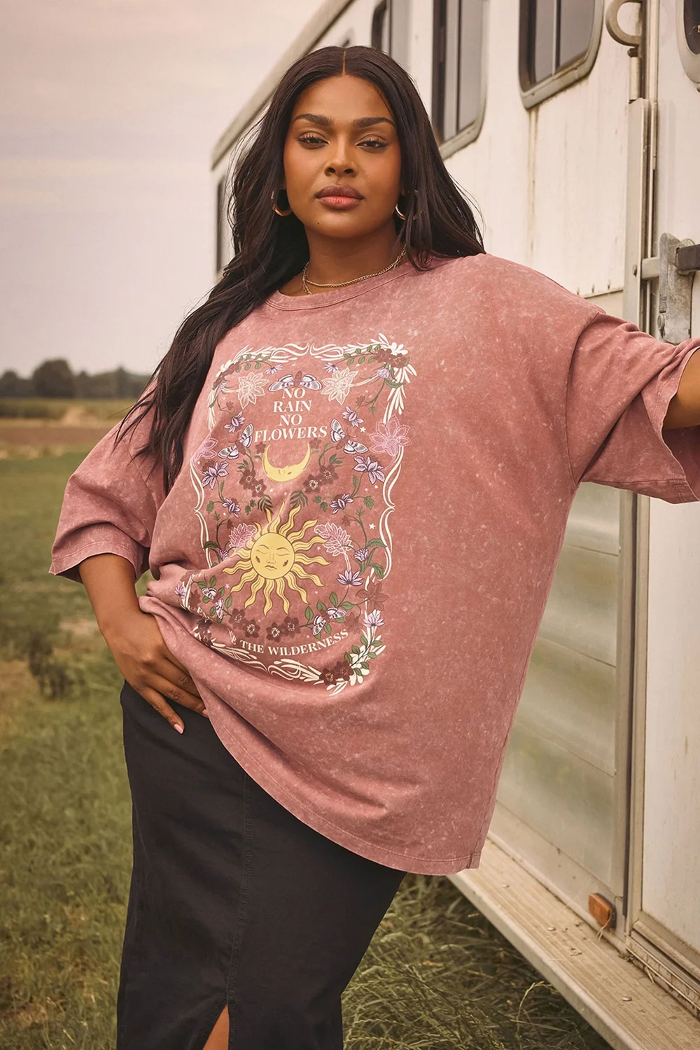 Yours Curve Orange 'No Rain No Flowers' Graphic Boxy T-Shirt - Size 20 Clothing Image 1