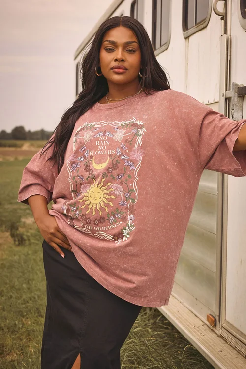 Yours Curve Orange 'No Rain No Flowers' Graphic Boxy T-Shirt - Size 20 Clothing Image 1