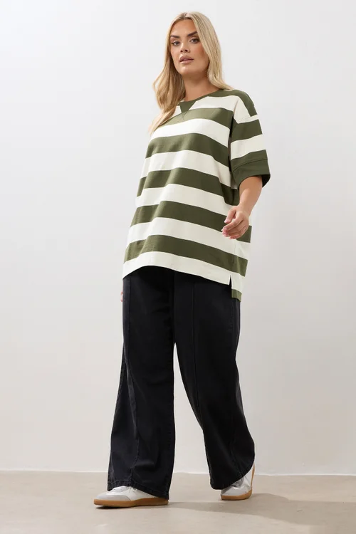 Yours Curve Khaki Green Stripe Heavyweight T-Shirt - Size 20 Clothing Image 3