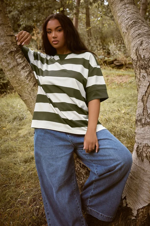 Yours Curve Khaki Green Stripe Heavyweight T-Shirt - Size 20 Clothing Image 1