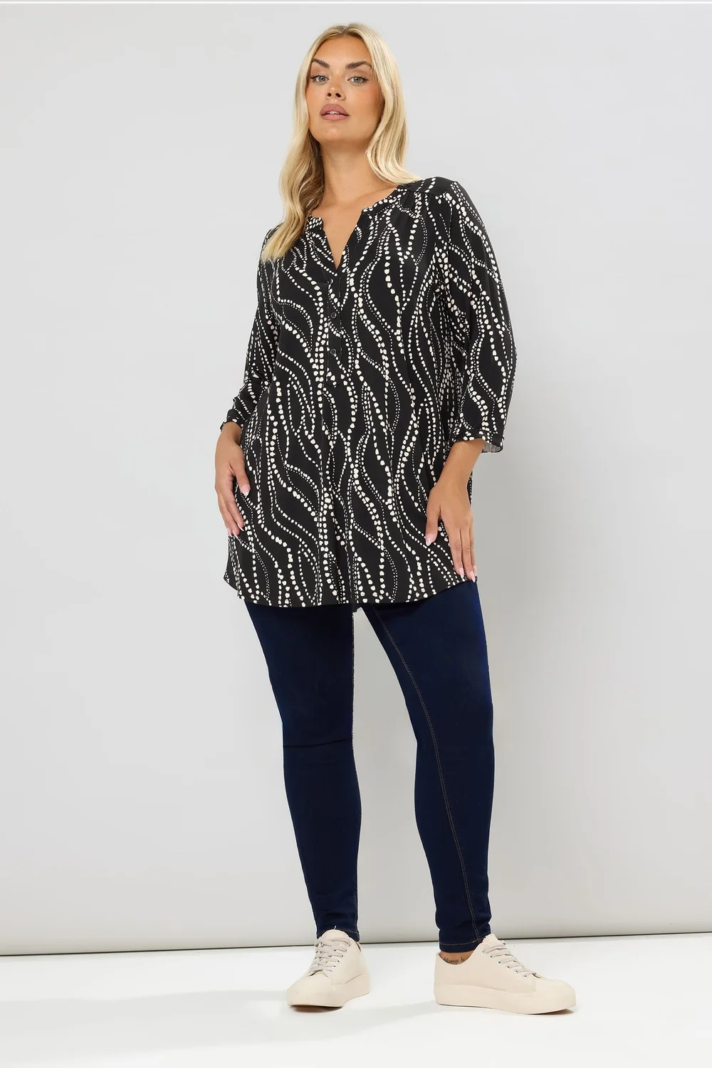 Yours Curve Black Spot Print Half Placket Shirt - Size 22-24 Image 2