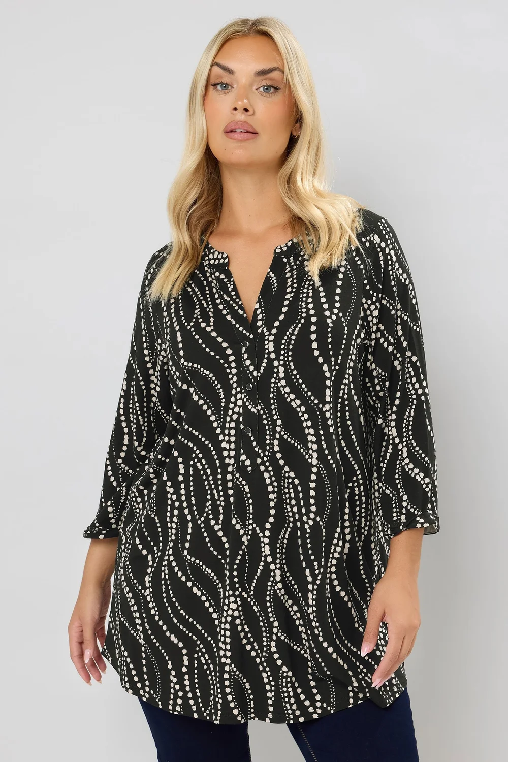 Yours Curve Black Spot Print Half Placket Shirt - Size 22-24 Image 1