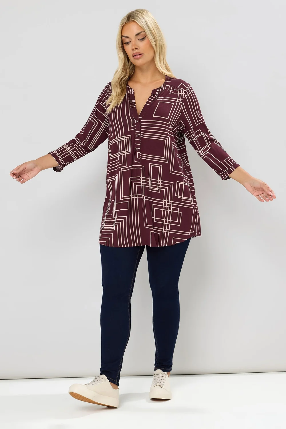 Yours Curve Burgundy Red Abstract Half Placket Shirt - Size 20 Clothing Image 2