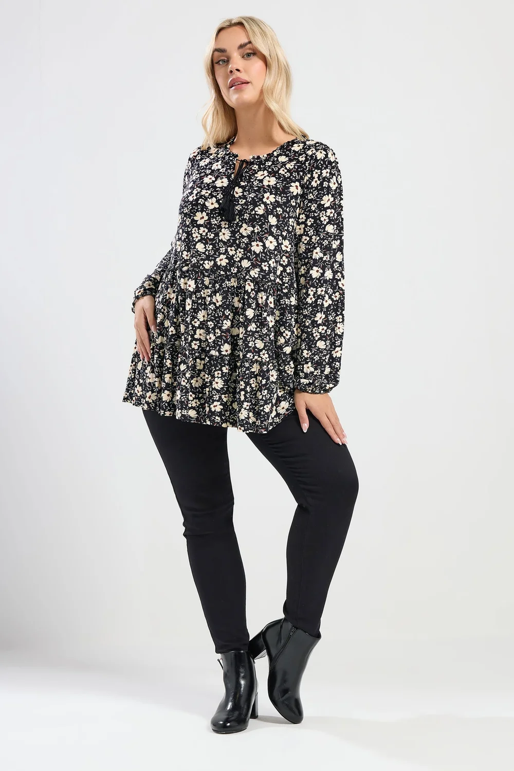 Yours Curve Black Floral Tie Neck Tiered Blouse - Size 26-28 Image 2