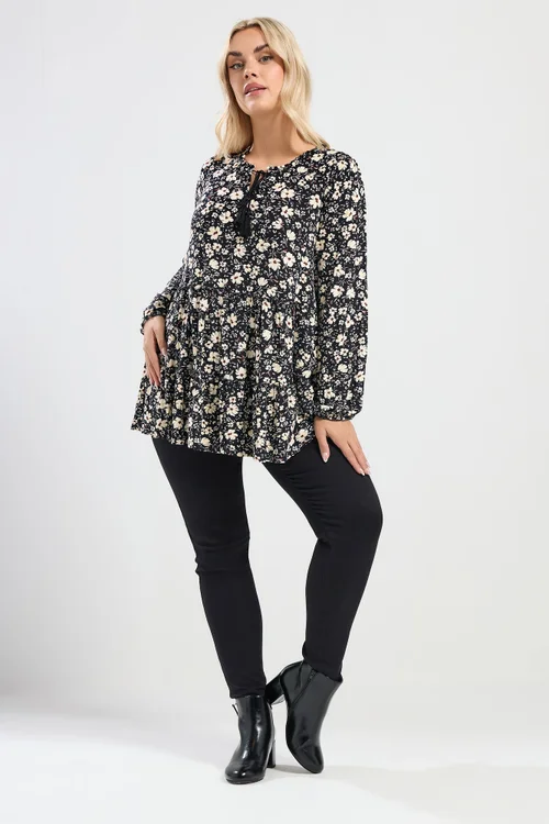 Yours Curve Black Floral Tie Neck Tiered Blouse - Size 26-28 Image 2