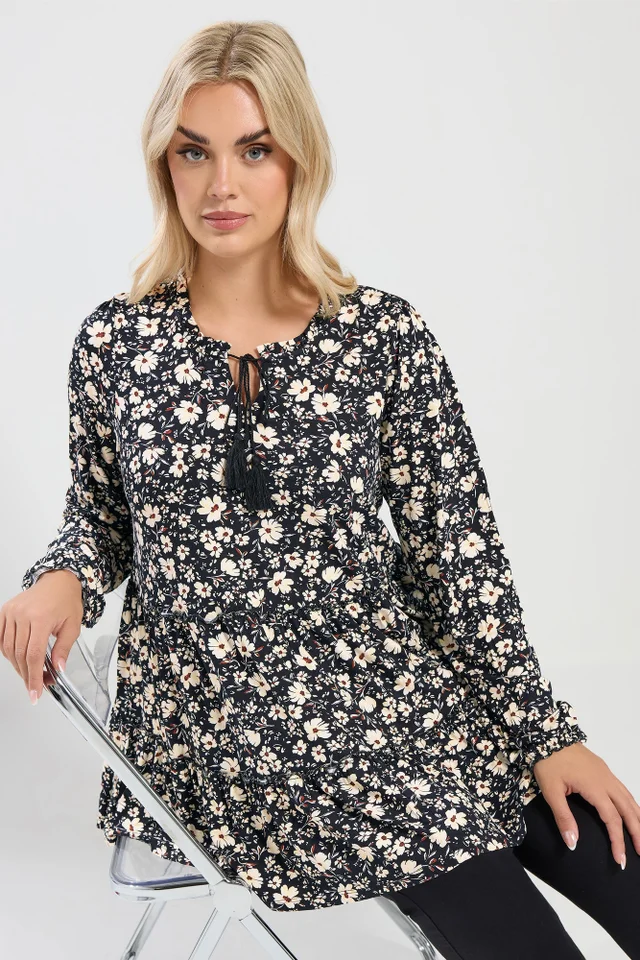 Yours Curve Black Floral Tie Neck Tiered Blouse