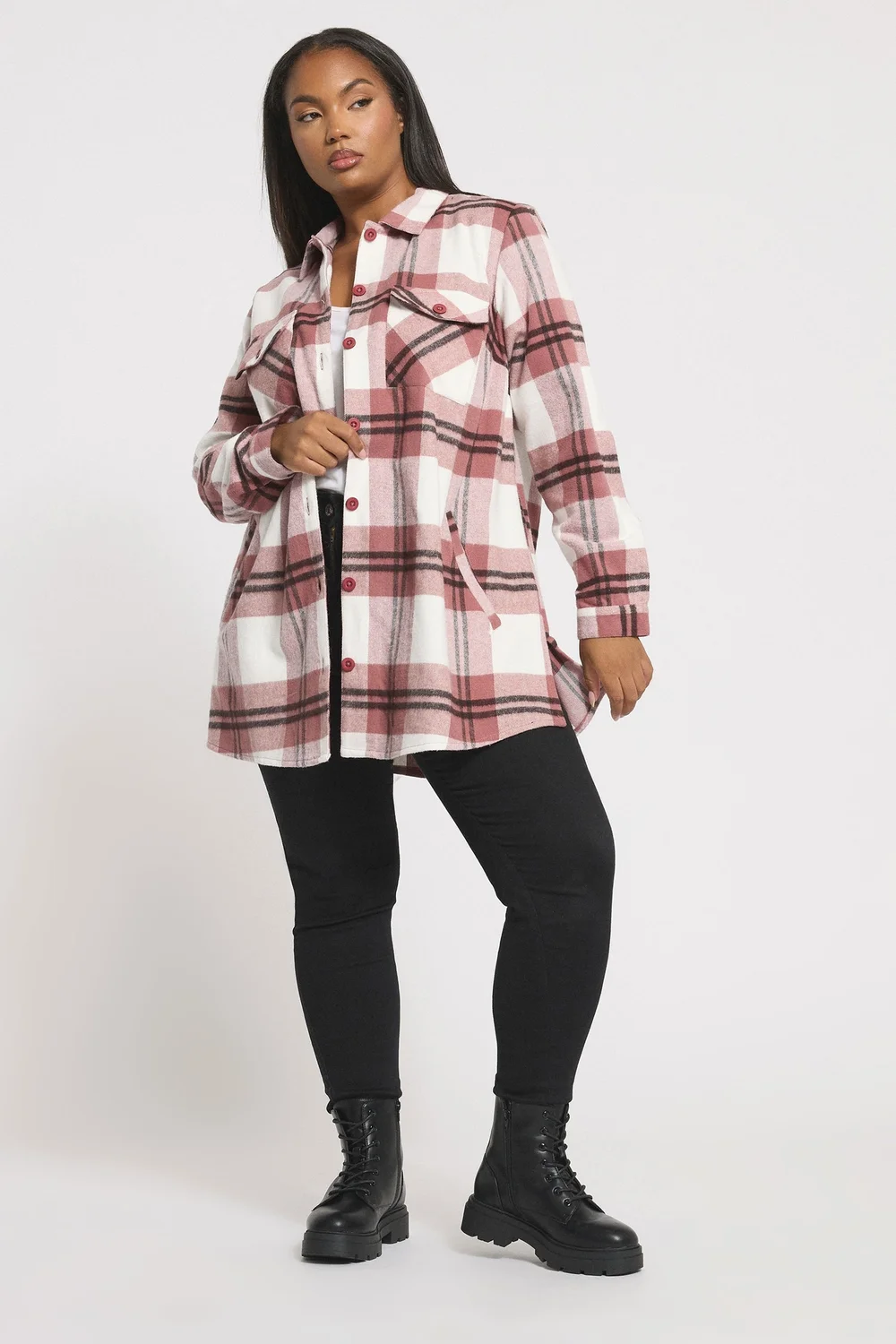 Yours Curve Pink & White Check Shacket - 22-24 Image 1