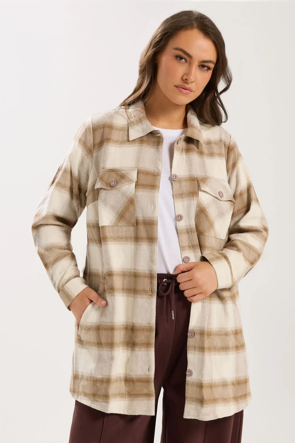 Yours Curve Natural Brown Check Shacket - 20 Image 1