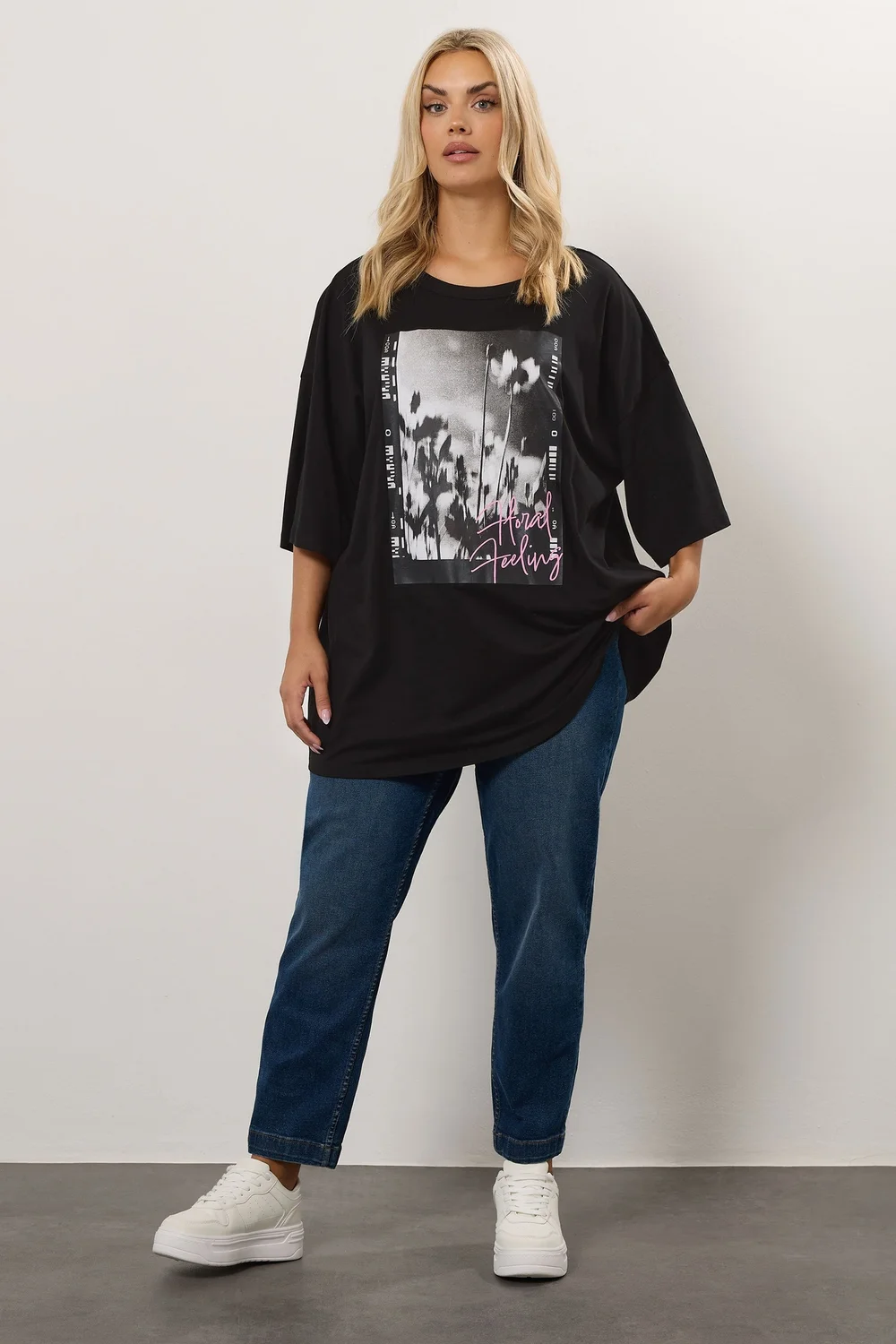 Yours Curve Black 'Floral Feeling' Oversized T-Shirt - Size 14 Clothing Image 2