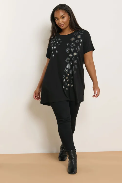 Yours Curve Black Leopard Embellished T-Shirt - Size 22-24 Image 2