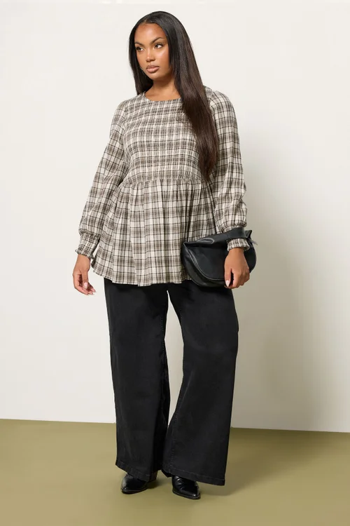 Yours Curve Natural Brown Check Shirred Peplum Top - Size 18 Clothing Image 3