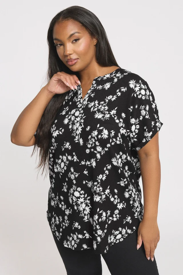 Yours Curve Black Floral Textured Notch Neck Top