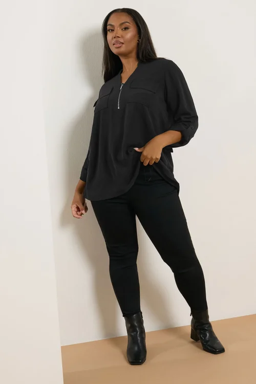 Yours Curve Black Zip Neck Blouse - Size 22-24 Image 2