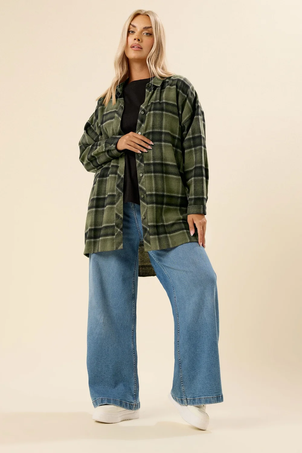 Yours Curve Khaki Green Oversized Check Shirt - Size 22-24 Image 2