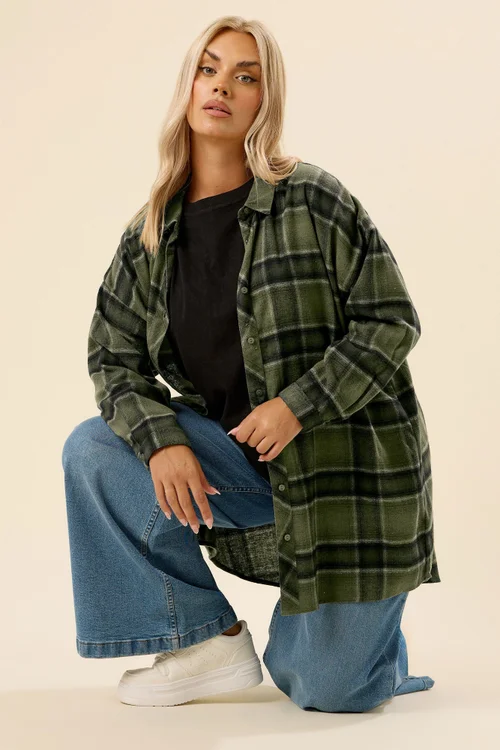 Yours Curve Khaki Green Oversized Check Shirt - Size 22-24 Image 1