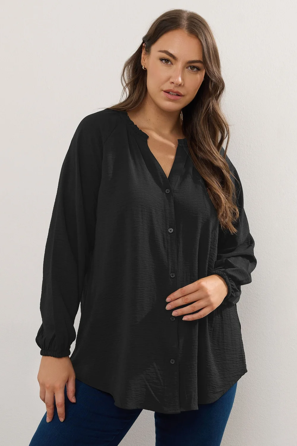 Yours Curve Black Frill Neck Blouse - Size 18 Clothing Image 1