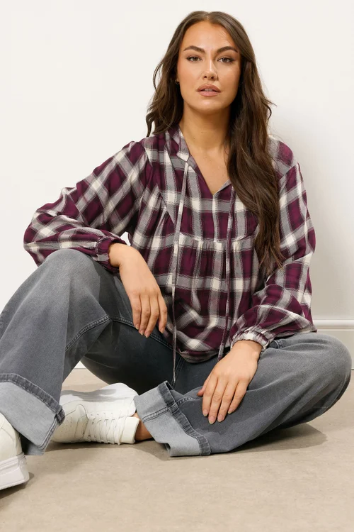 Yours Curve Burgundy Red Check Tie Neck Blouse - Size 26-28 Clothing Image 3