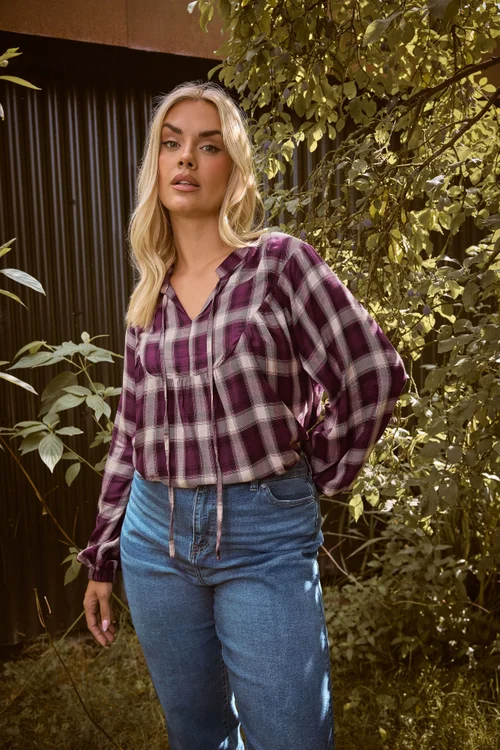 Yours Curve Burgundy Red Check Tie Neck Blouse - Size 26-28 Clothing Image 1