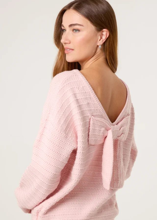Blue Vanilla Pink Round Neck Bow Back Detailed Jumper