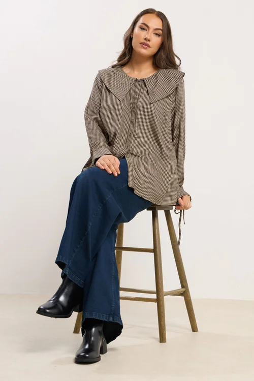 Yours Curve Brown Collared Check Shirt - Size 14 Clothing Image 2