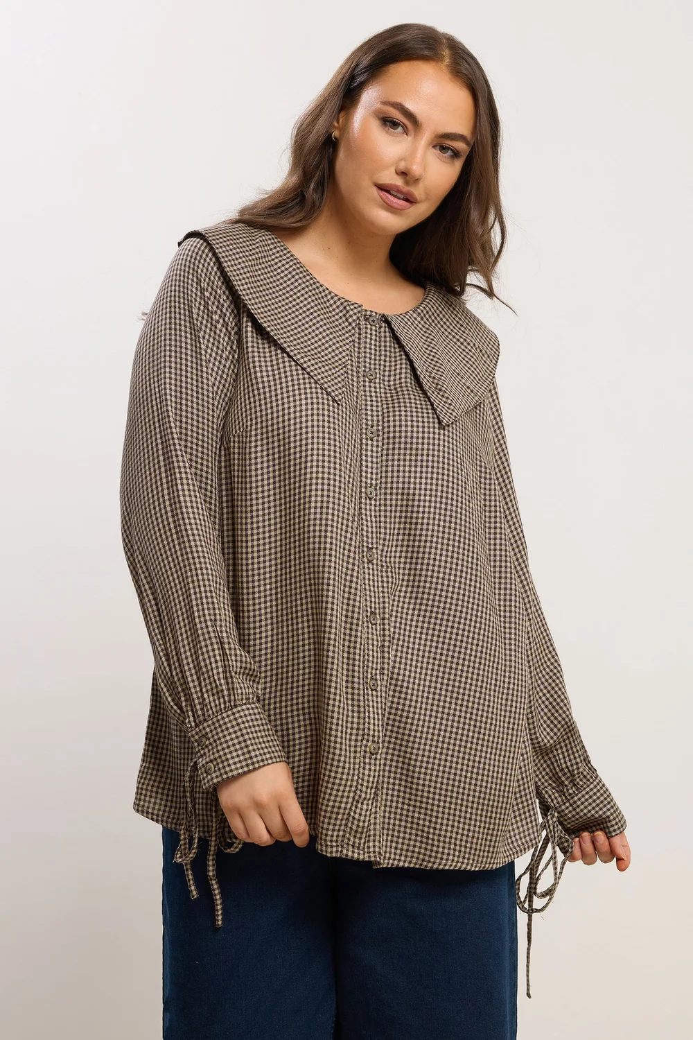 Yours Curve Brown Collared Check Shirt - Size 14 Clothing Image 1