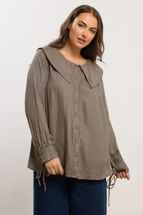 Yours Curve Brown Collared Check Shirt - Size 14 Clothing Image 1
