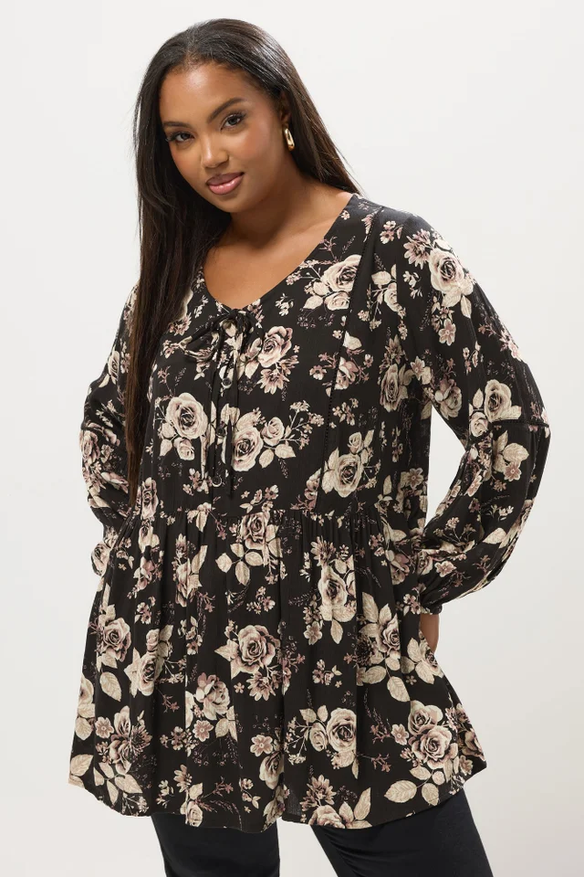 Yours Curve Black Rose Print Tie Neck Blouse