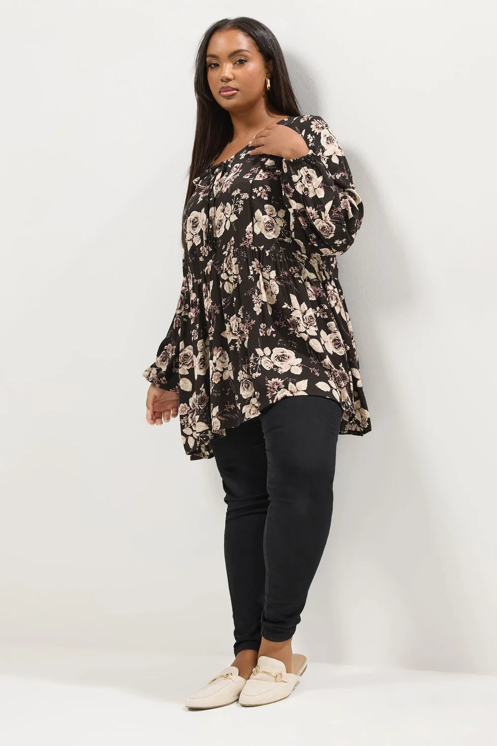 Yours Curve Black Rose Print Tie Neck Blouse - Size 20 Image 2