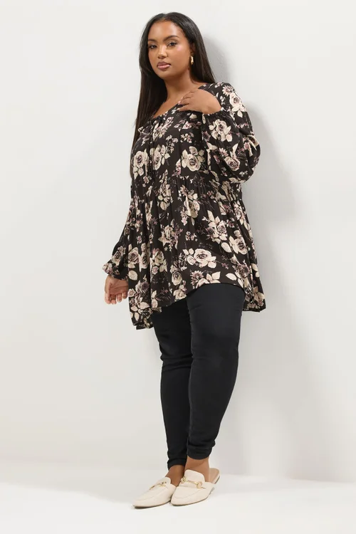 Yours Curve Black Rose Print Tie Neck Blouse - Size 20 Image 2