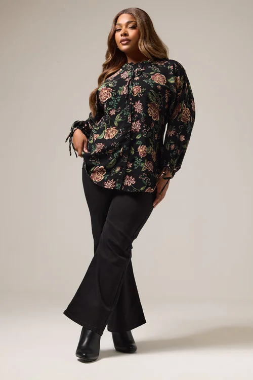 Yours Curve Black Floral Tie Neck Blouse - Size 16 Clothing Image 2