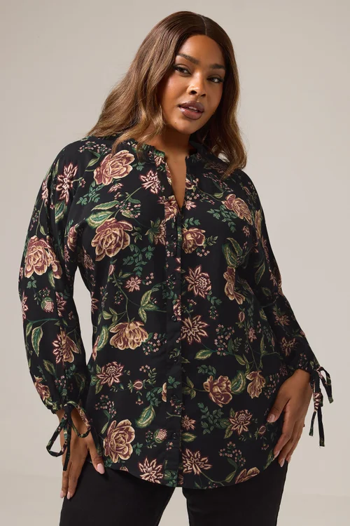 Yours Curve Black Floral Tie Neck Blouse - Size 16 Clothing Image 1