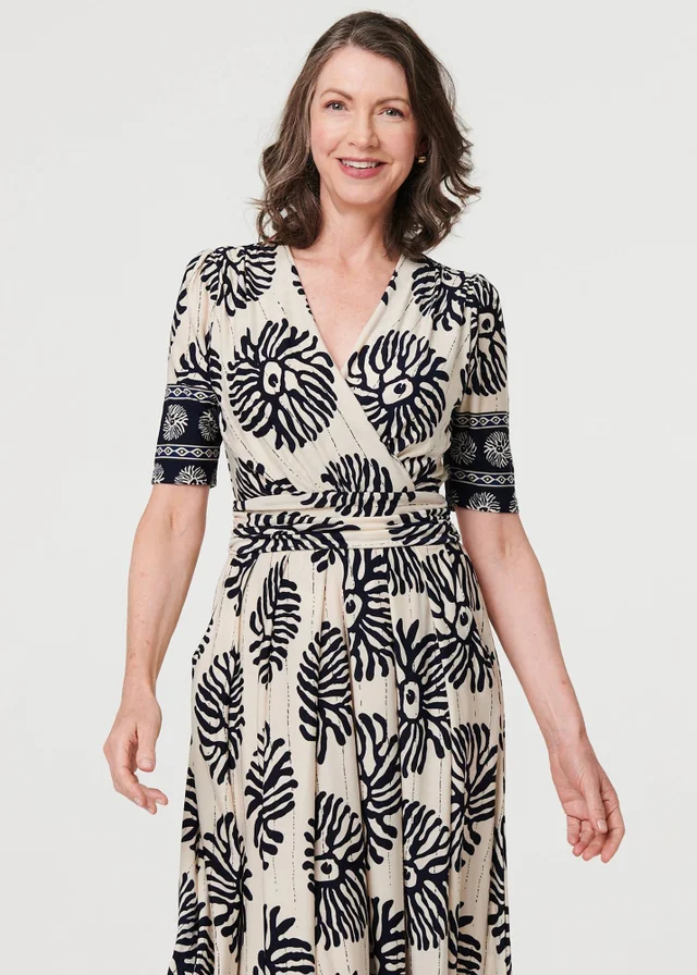 Izabel London Navy Border Print Ruched V-Neck Midi Dress