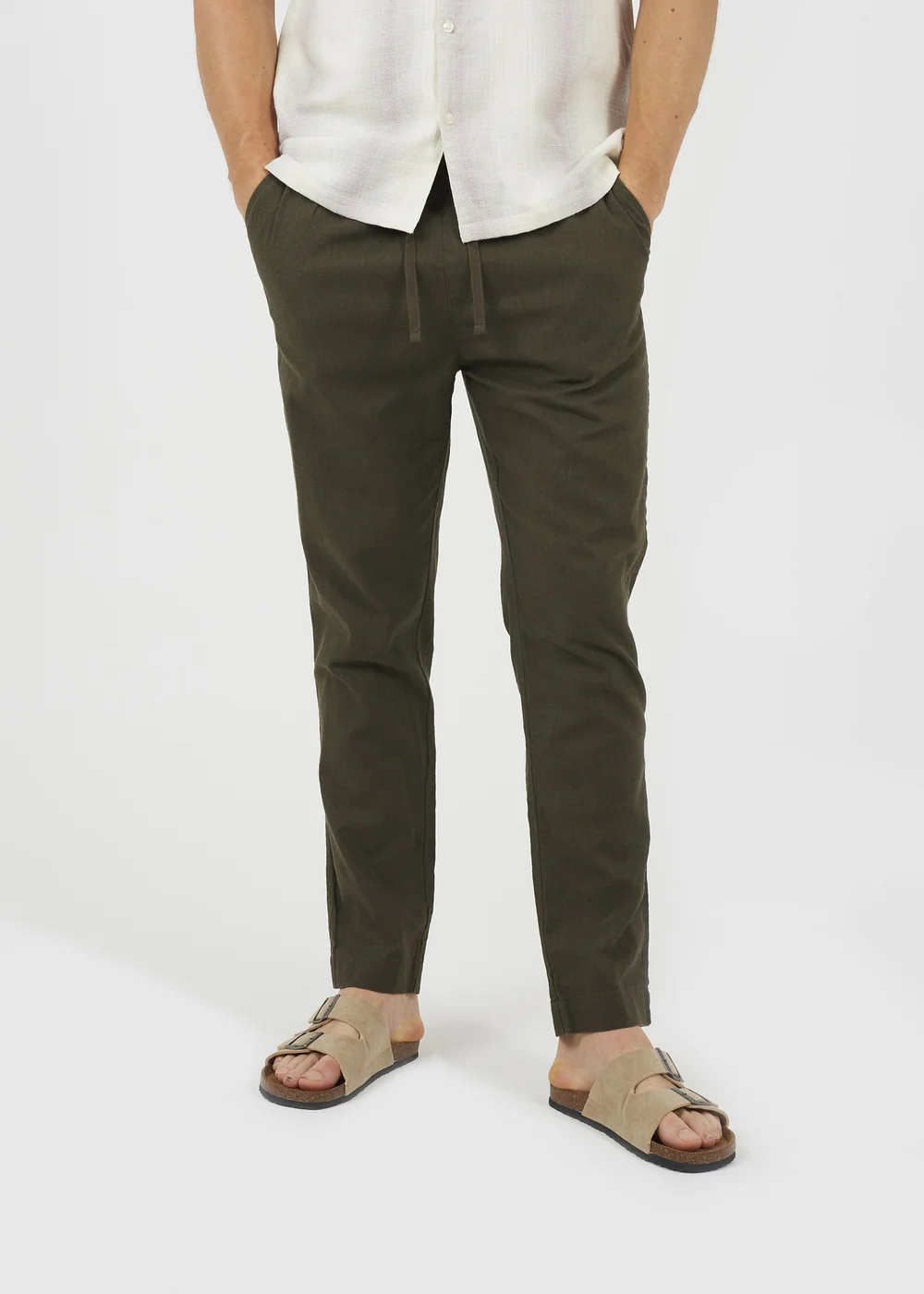 Brave Soul Khaki Relaxed Fit Linen Blend Trousers - 30/L32 Image 1