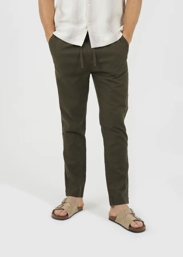 Brave Soul Khaki Relaxed Fit Linen Blend Trousers