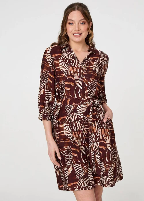 Izabel London Brown Animal Print Tie Waist Shirt Short Dress - 8 Image 1
