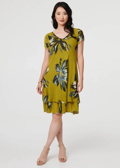Izabel London Green Floral Short Sleeve Knee Length Dress - Size 8 Image 4