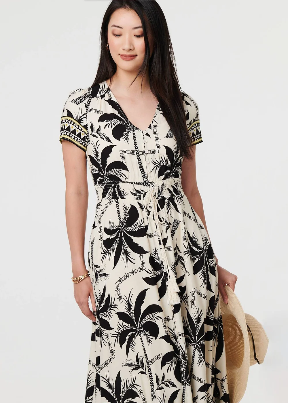 Izabel London Black Leaf Print Short Sleeve Maxi Smock Dress - 8 Image 1