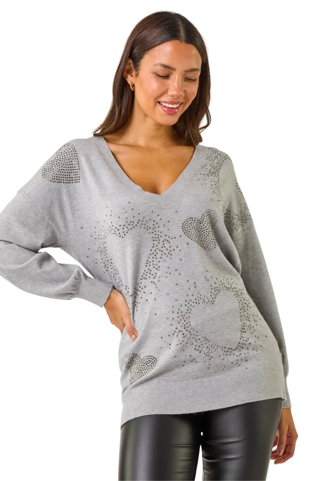 Roman Light Grey V-Neck Heart Hotfix Detail Jumper