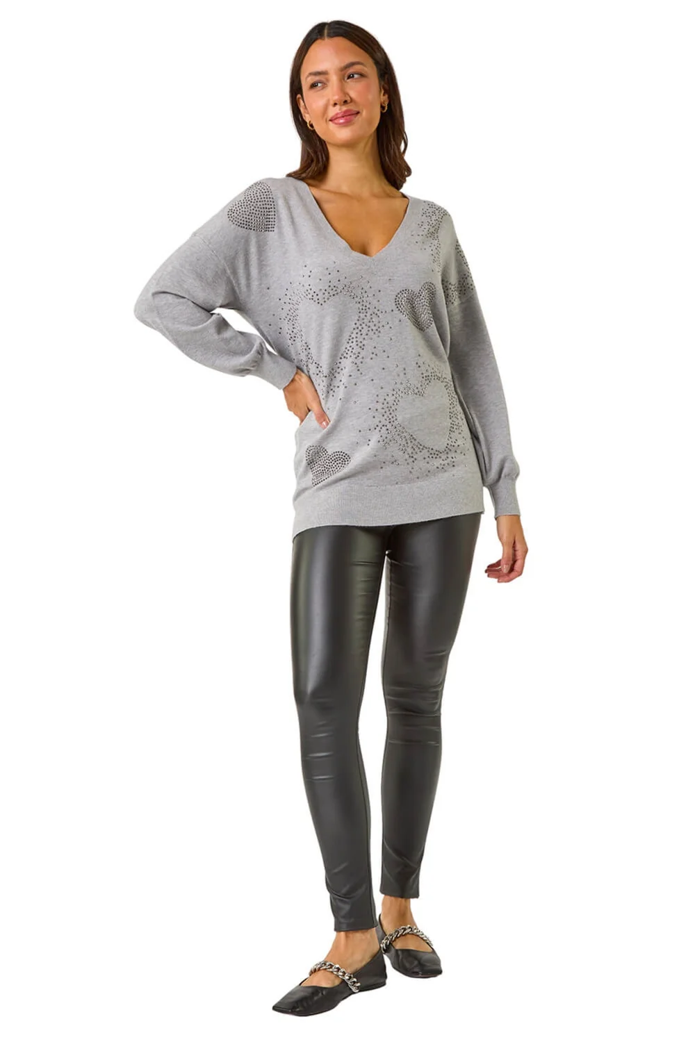 Roman Light Grey V-Neck Heart Hotfix Detail Jumper - Size 18 Clothing Image 2